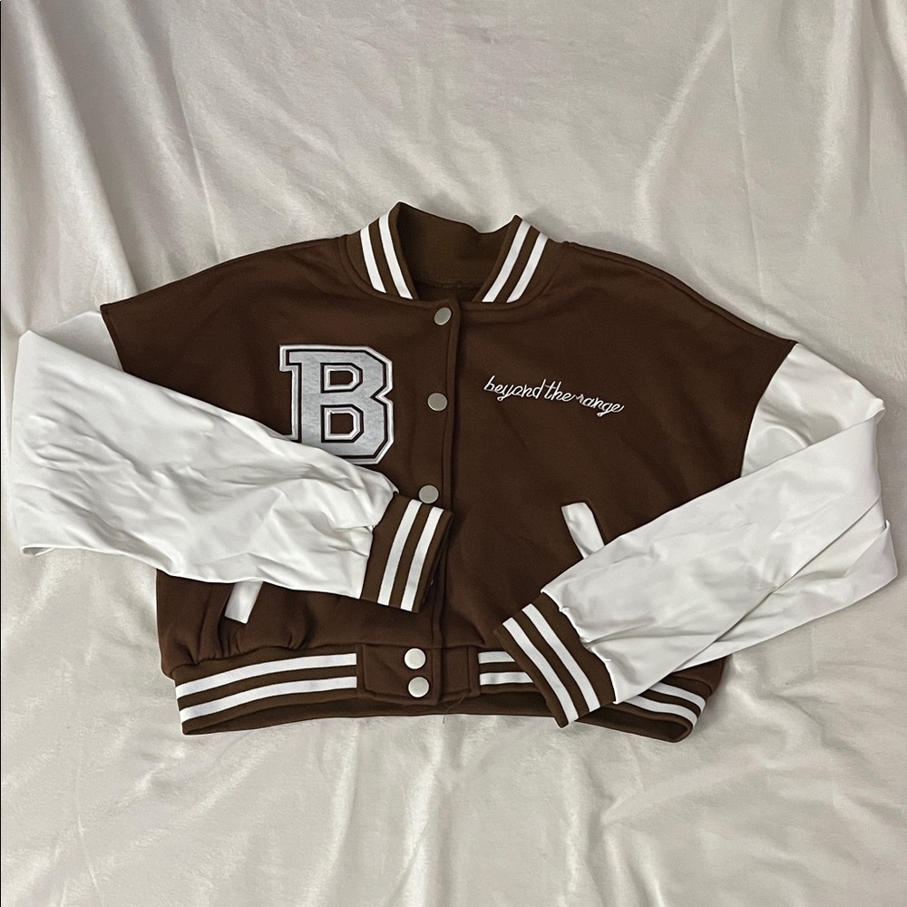 Beyond the Range Brown and White Varsity Jacket